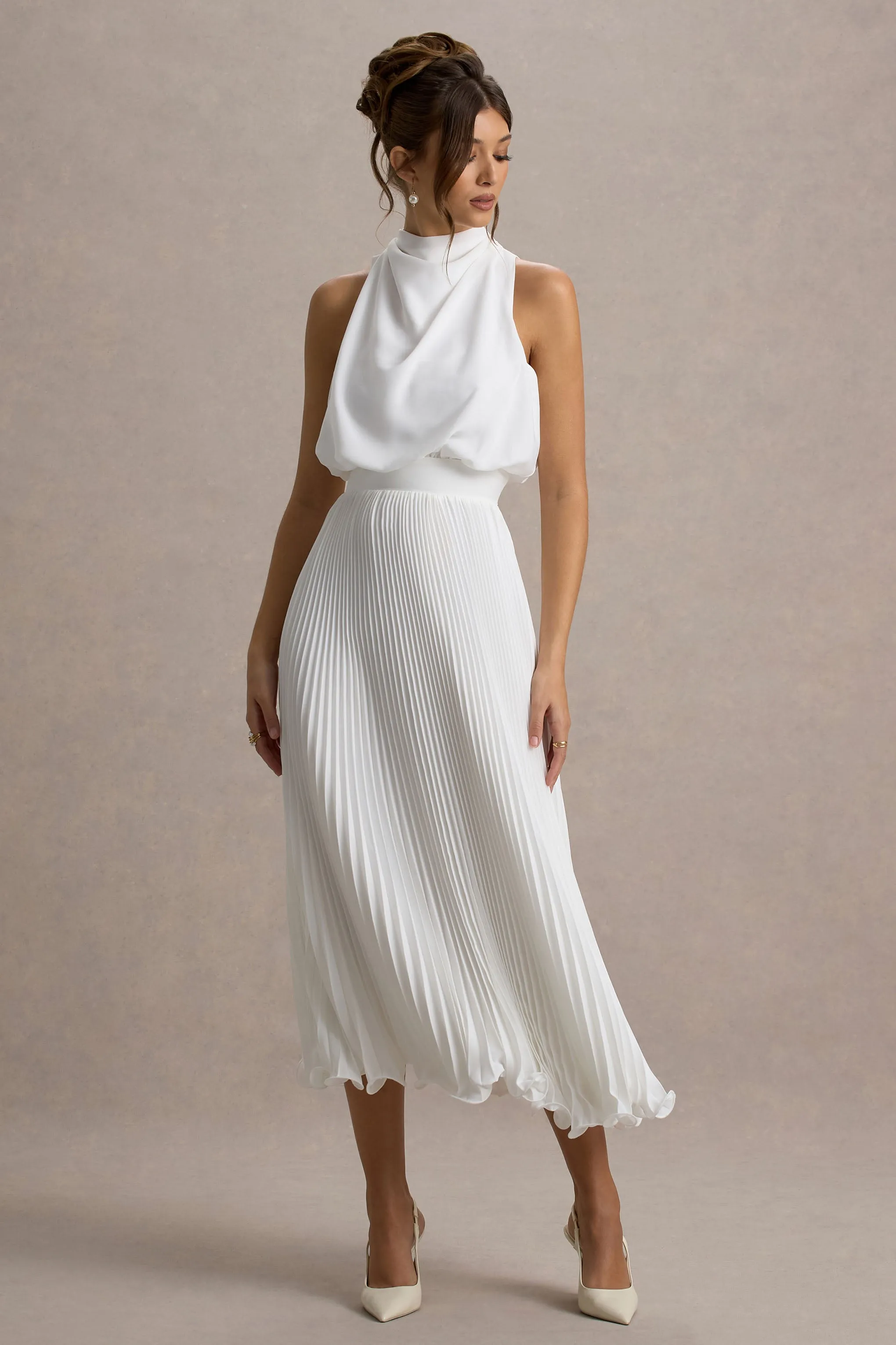 Nila | White Cowl-Neck Midi Dress With Plisse Skirt sold by Club L London product image thumbnail 4