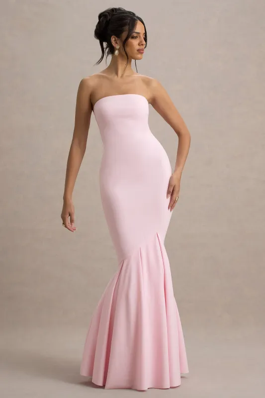 Angela | Pink Bandeau Fishtail Maxi Dress sold by Club L London