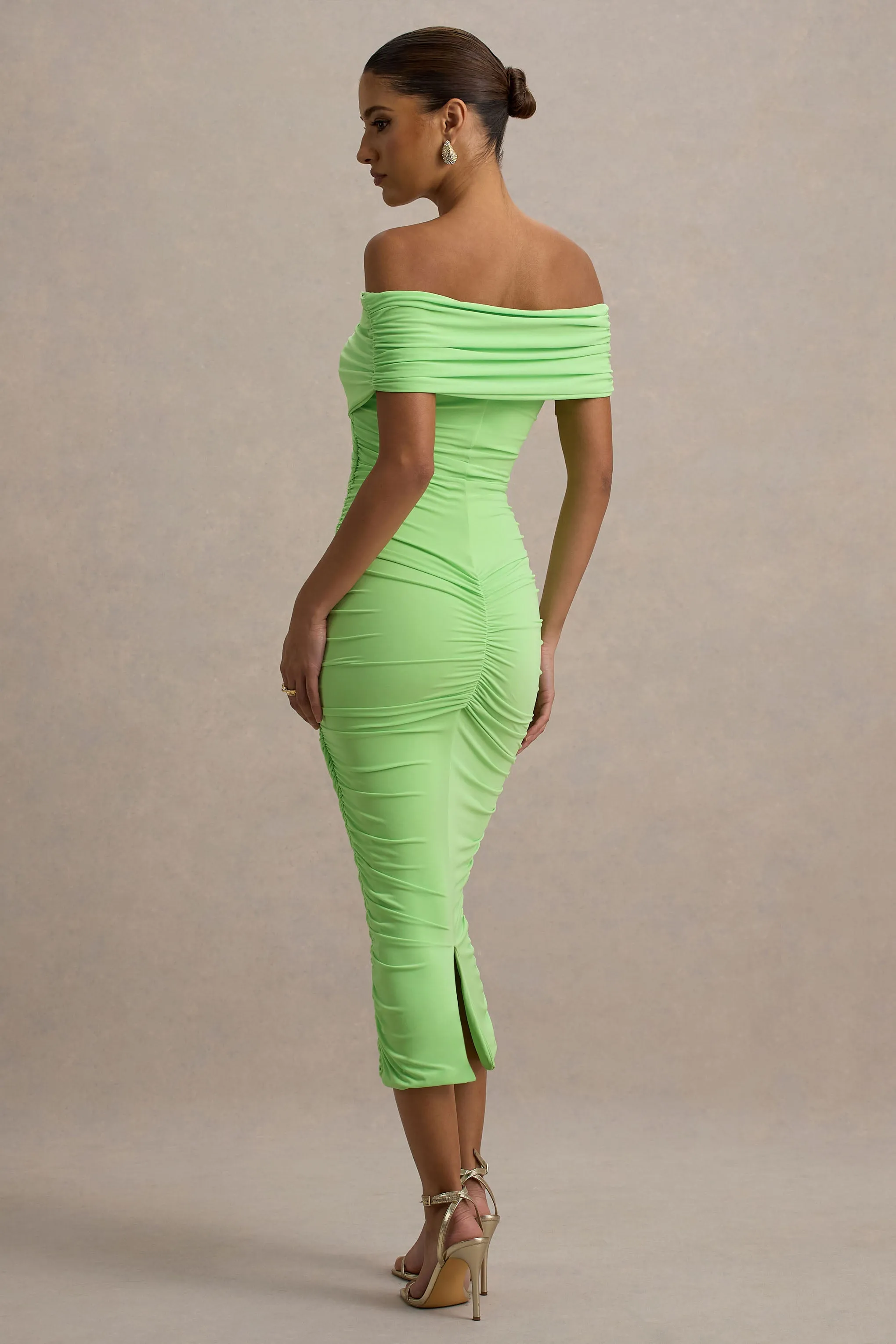Unwrapped | Light Green Ruched Twist Bardot Midi Dress sold by Club L London product image thumbnail 2