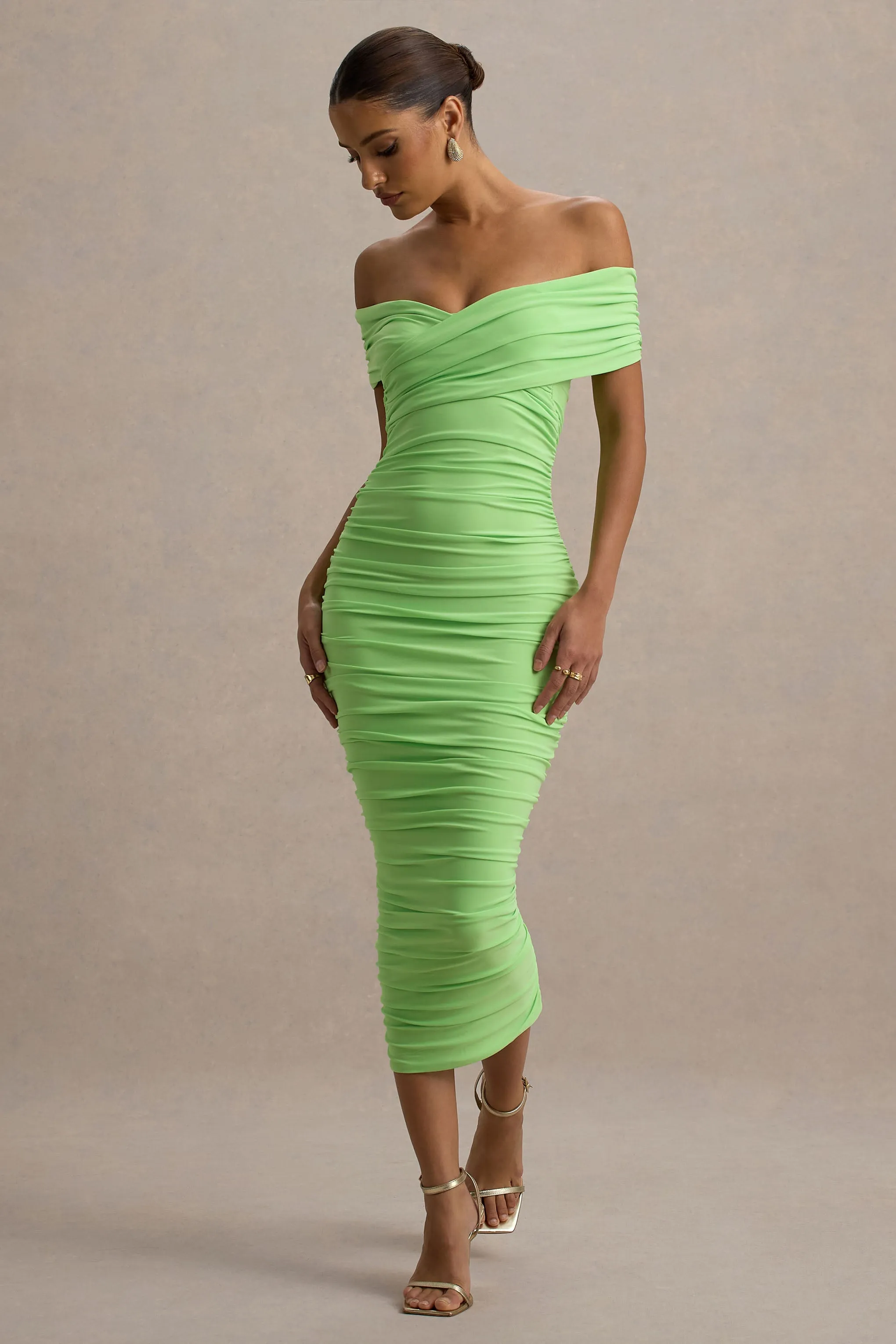 Unwrapped | Light Green Ruched Twist Bardot Midi Dress sold by Club L London product image thumbnail 5