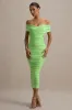 Unwrapped | Light Green Ruched Twist Bardot Midi Dress sold by Club L London