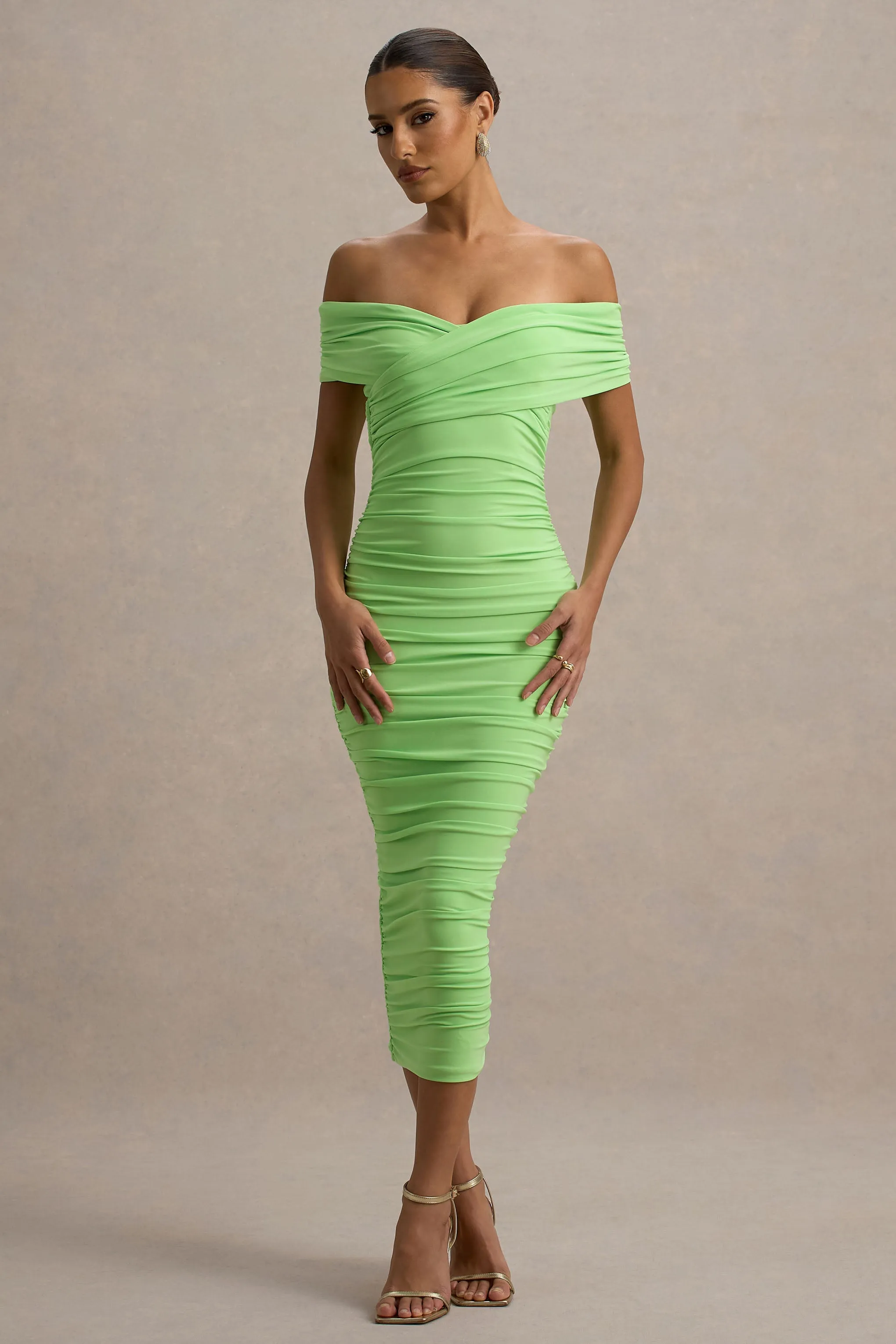 Unwrapped | Light Green Ruched Twist Bardot Midi Dress sold by Club L London product image thumbnail 4