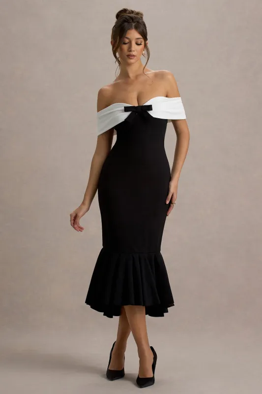 Corola | Black & White Bardot Volume-Hem Midi Dress sold by Club L London