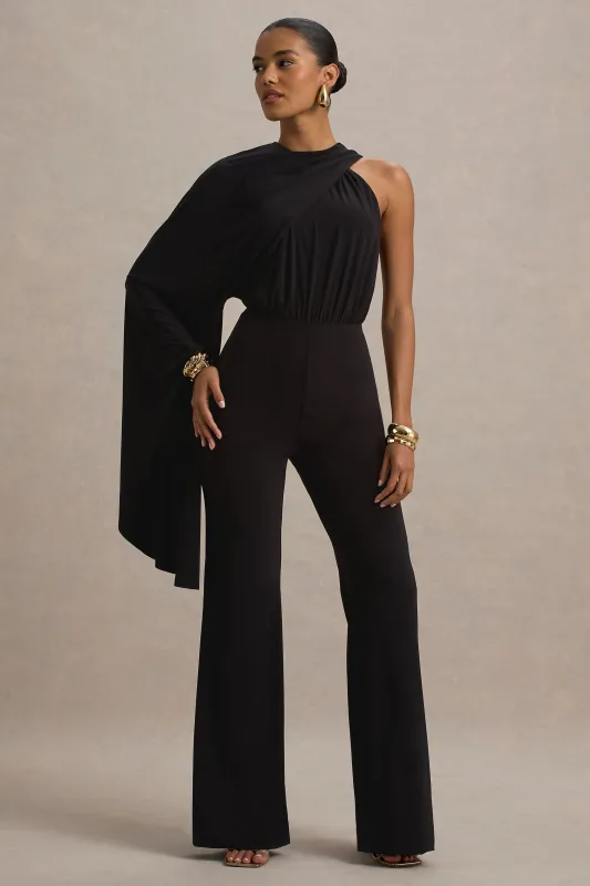 Asra | Black High-Neck Flared-Leg Jumpsuit With Cape Sleeve sold by Club L London