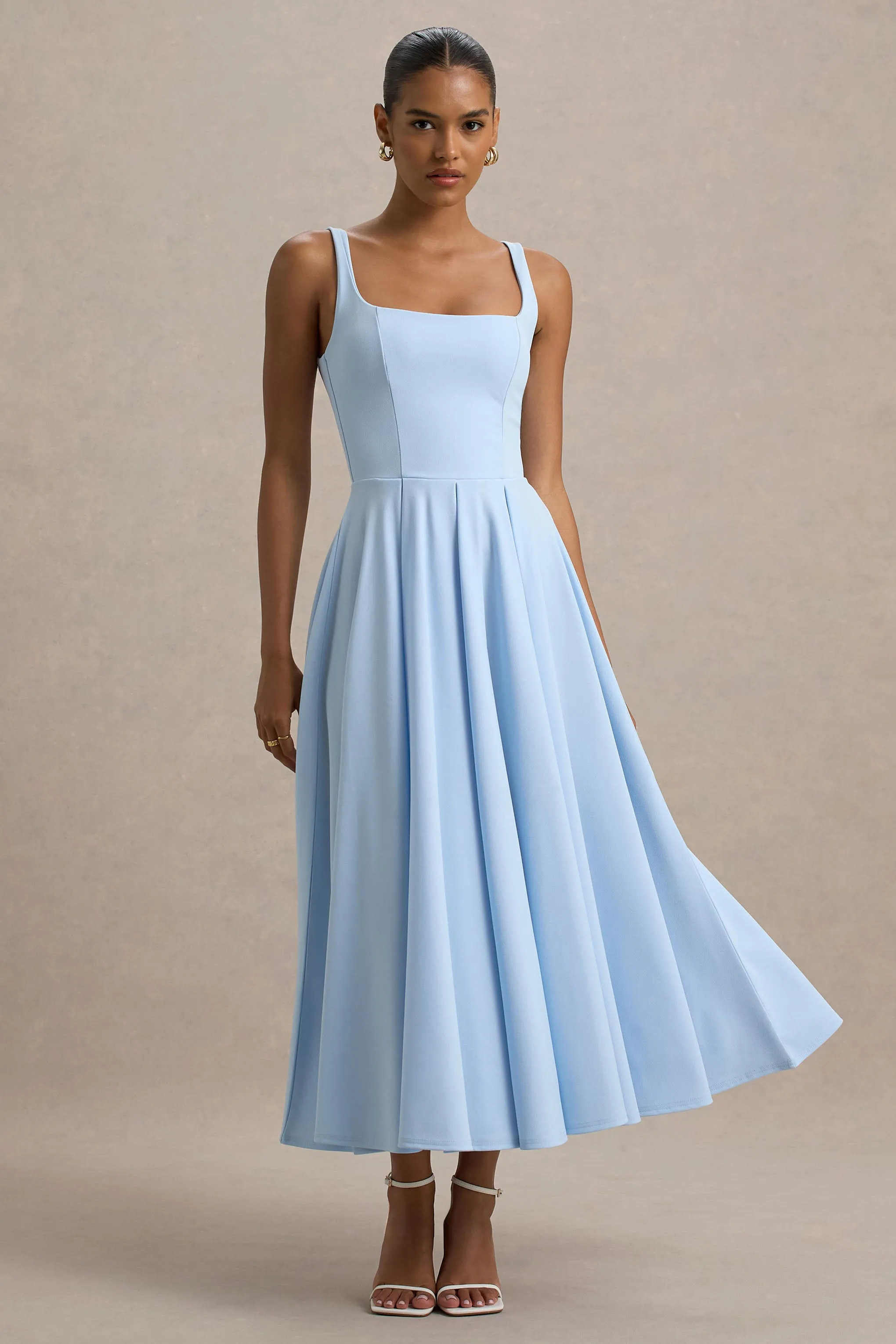 Parina | Powder Blue Strappy Volume-Hem Maxi Dress sold by Club L London