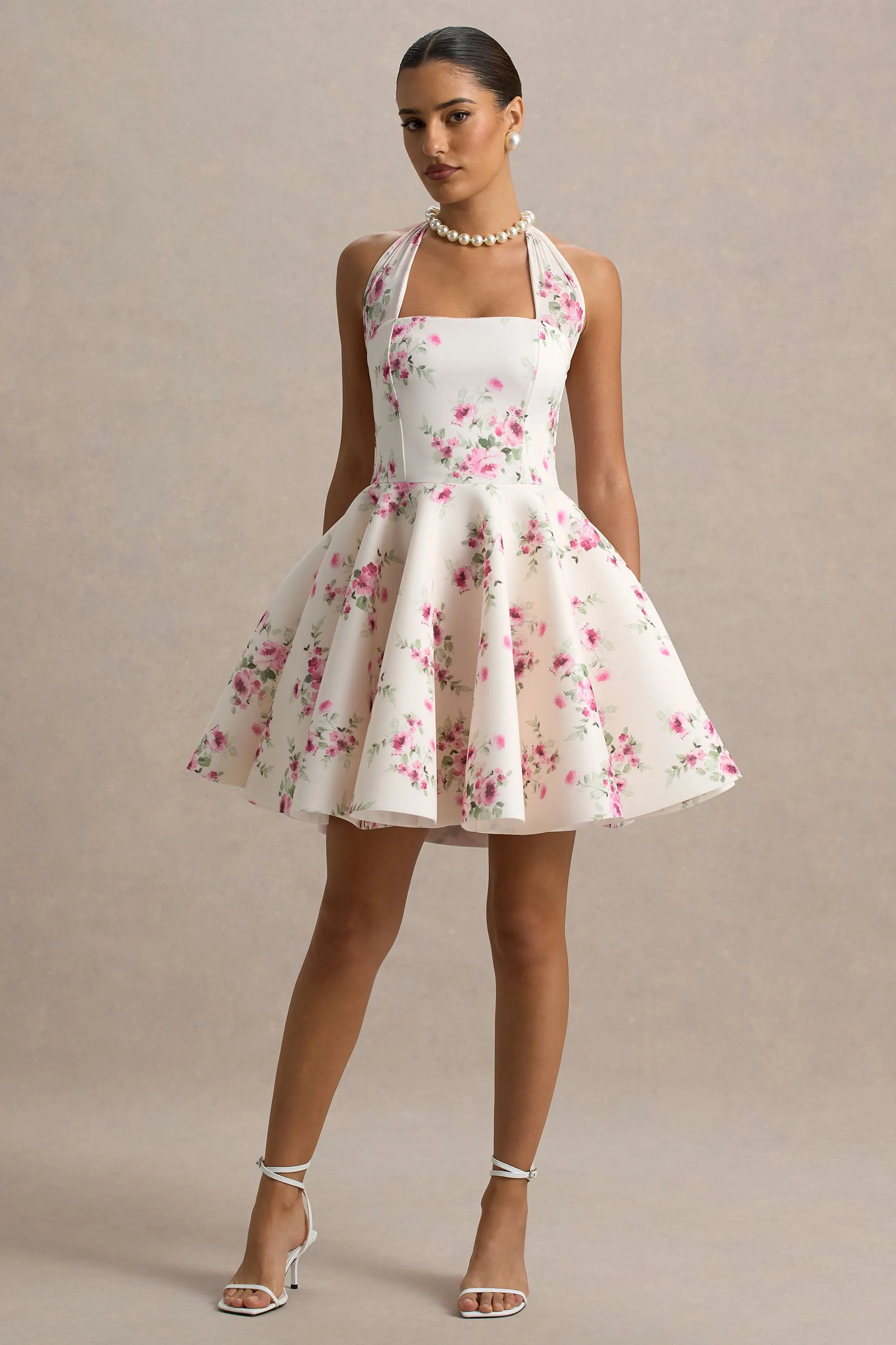 Peggy | Cream and Pink Halter-Neck Skater Mini Dress sold by Club L London