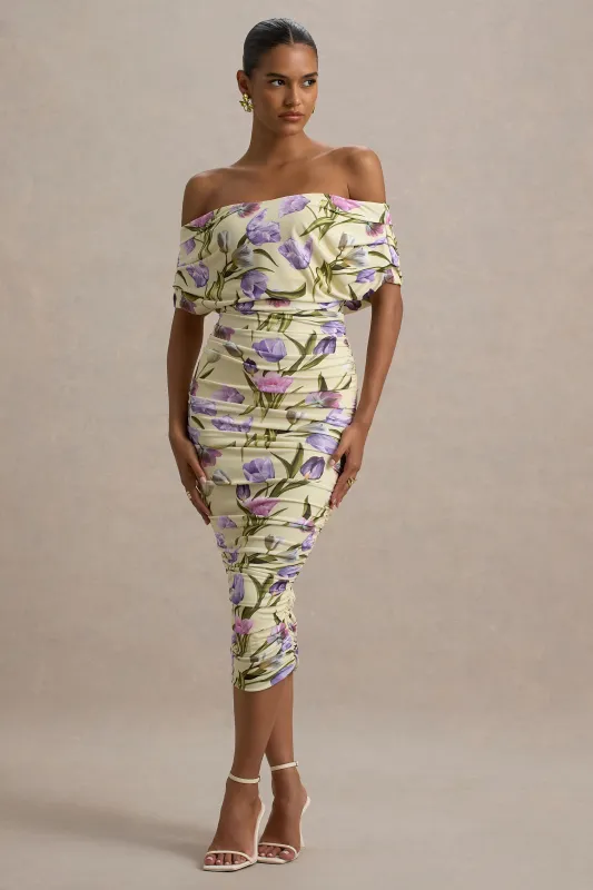 Rayleigh | Tulip Floral Print  Bardot Ruched Midi Dress sold by Club L London