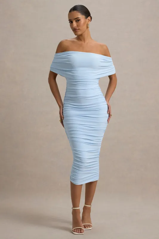Rayleigh | Powder Blue Bardot Ruched Midi Dress sold by Club L London