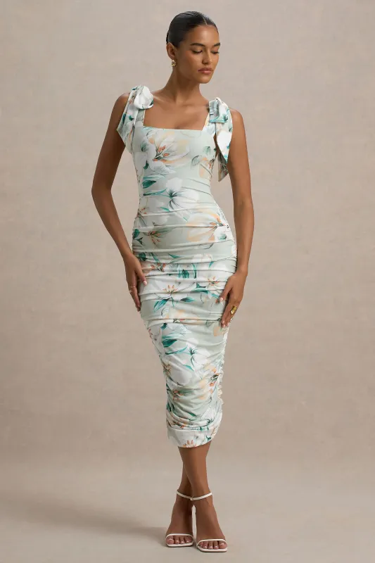 Cordelia | Green Floral Print Bodycon Midi Dress With Bow Straps sold by Club L London