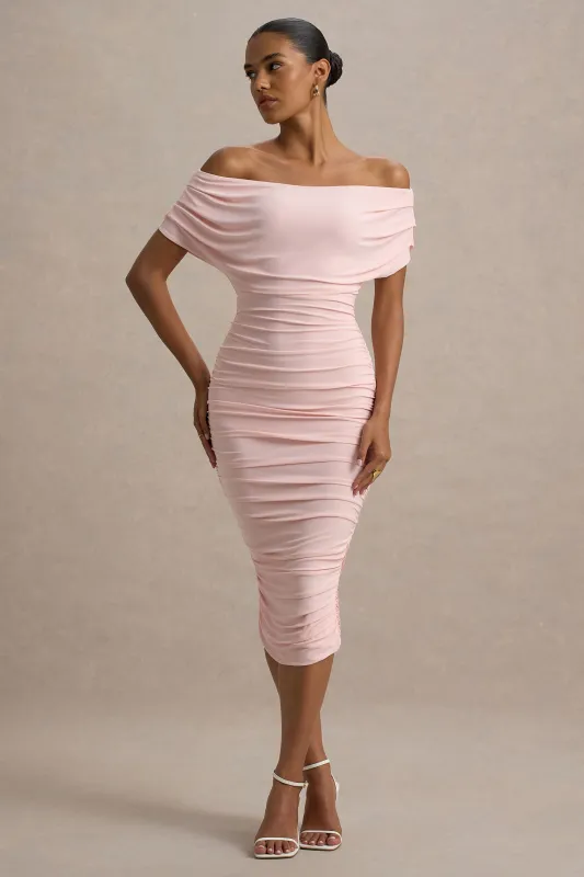 Rayleigh | Pink Bardot Ruched Midi Dress sold by Club L London