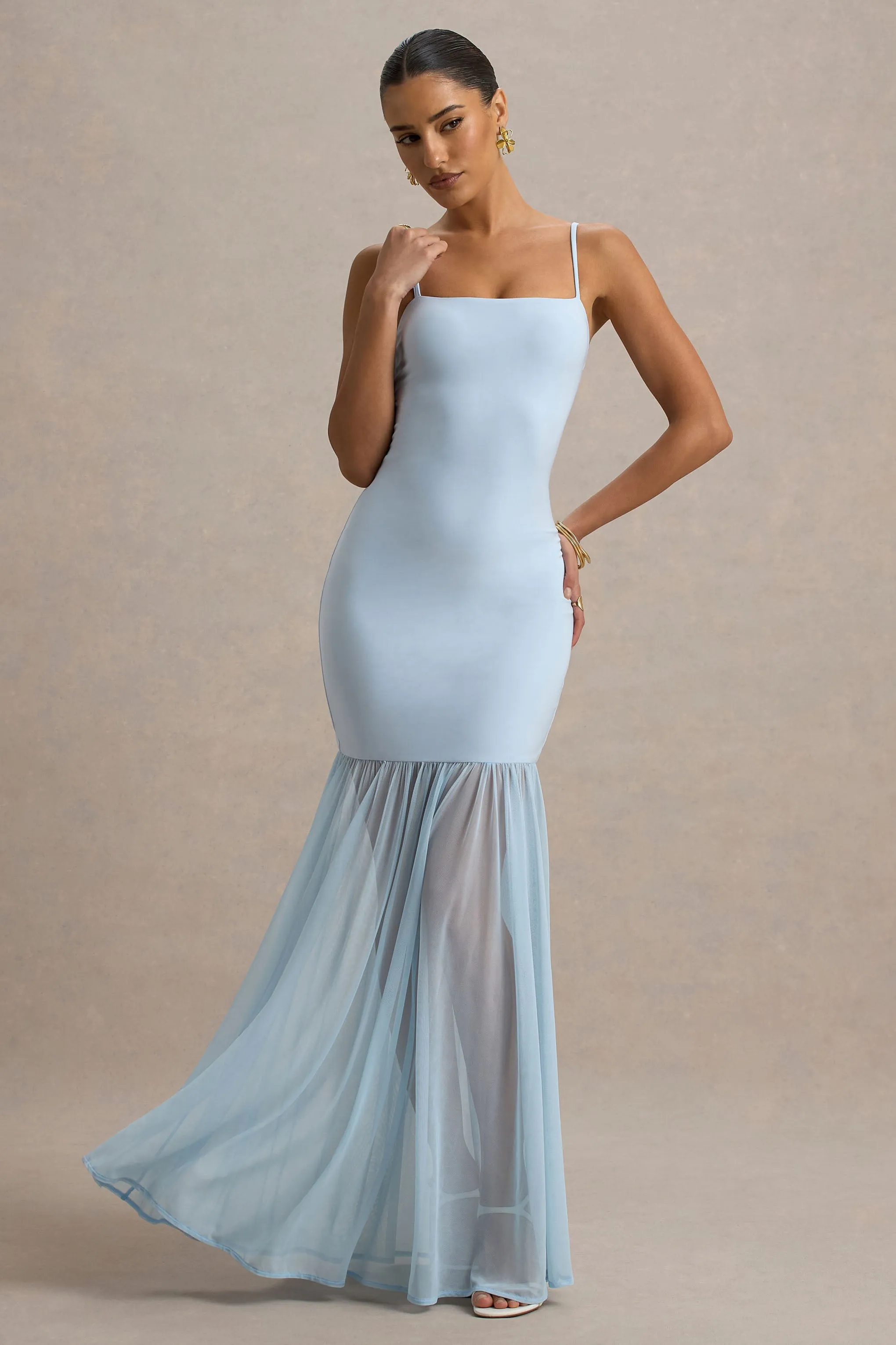 Ernie | Powder Blue Maxi Dress With Chiffon Skirt sold by Club L London