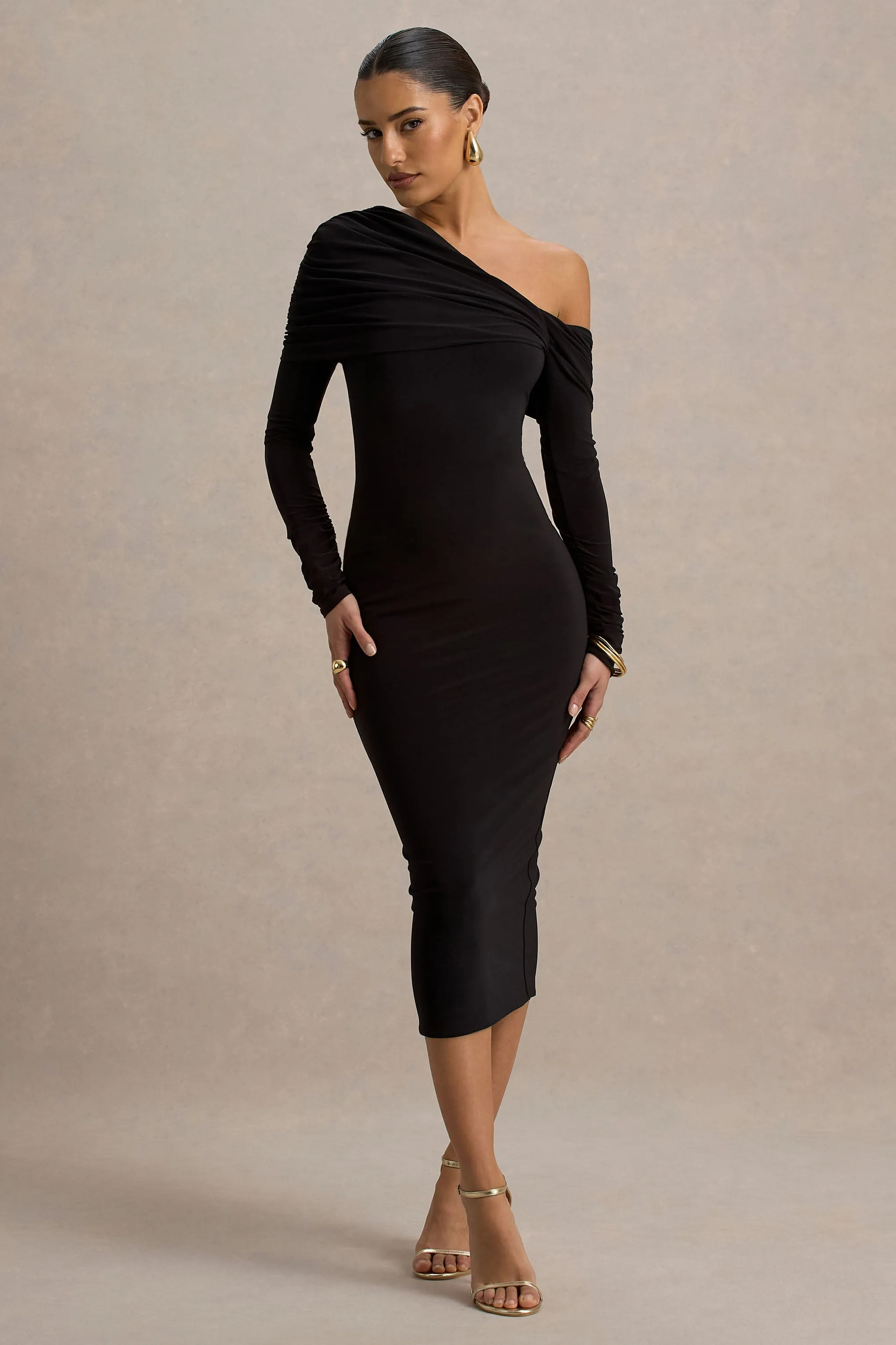 Cleo | Black Bodycon Midi Dress With Mesh Sleeves sold by Club L London