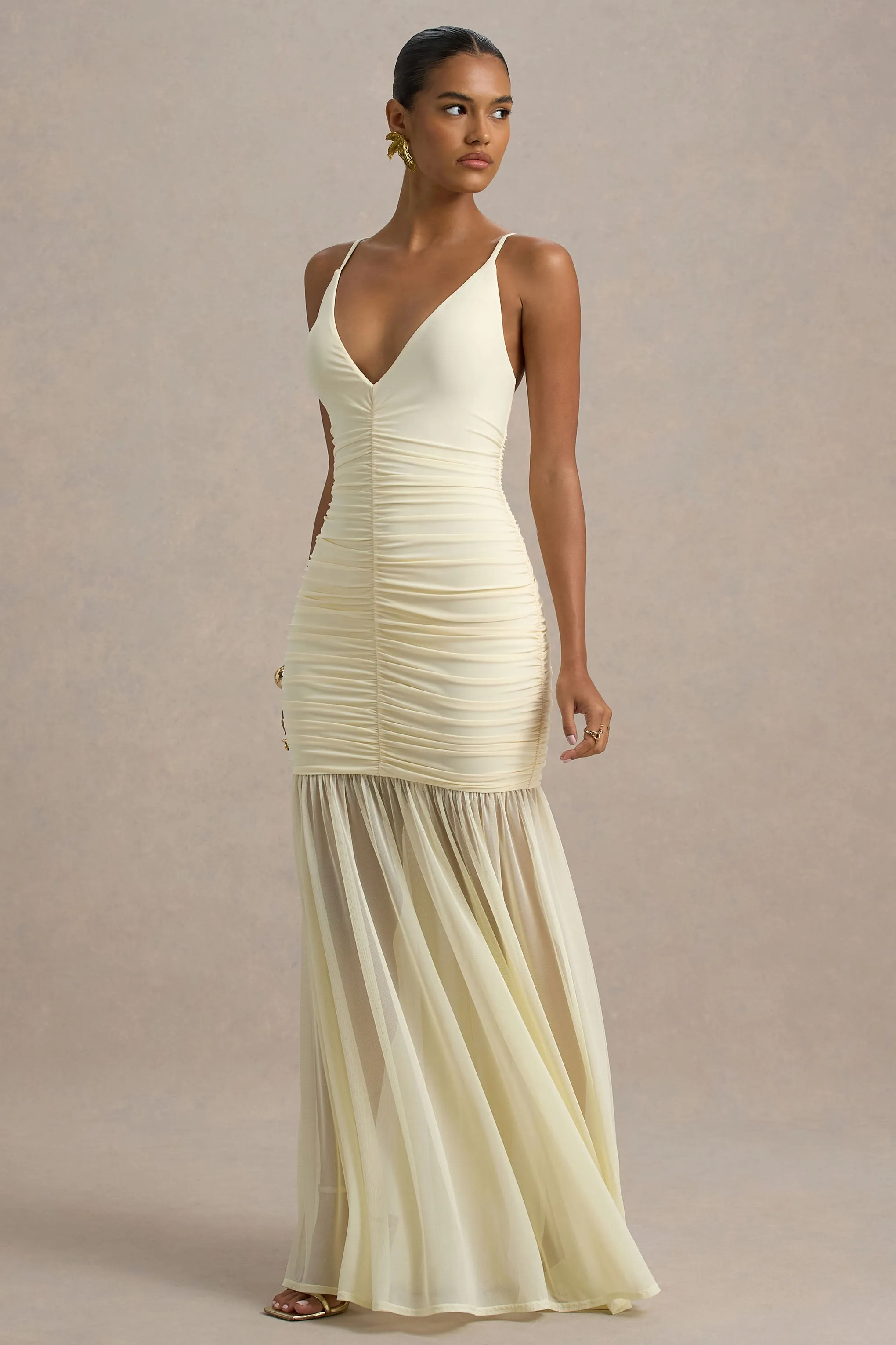Pasqualina | Lemon Ruched Plunge-Neck Maxi Dress sold by Club L London