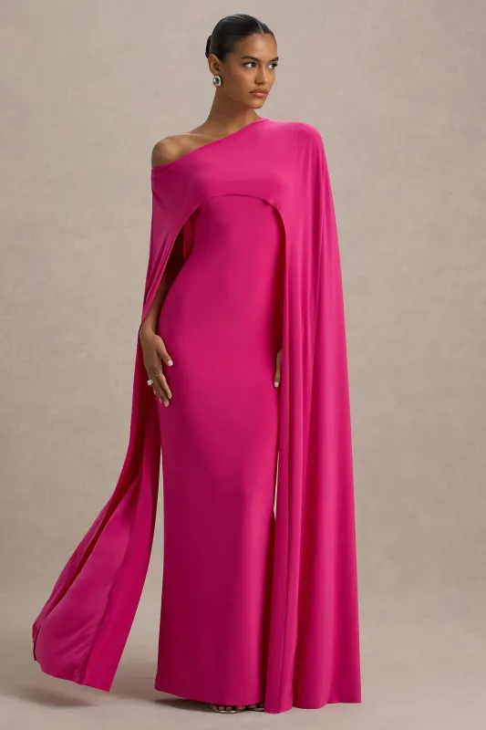 Florentina | Hot Pink One-Shoulder Cape Maxi Dress sold by Club L London