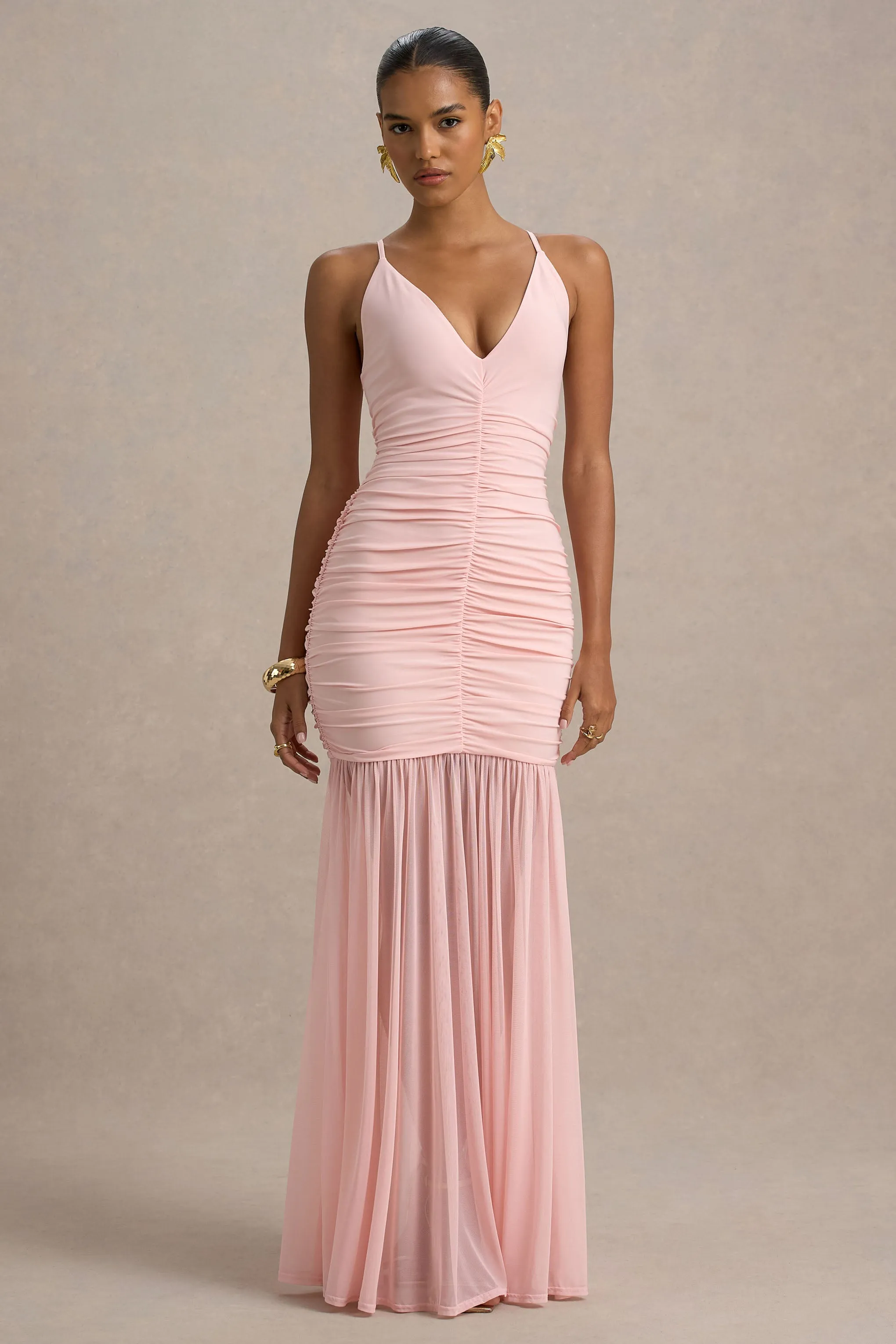 Pasqualina | Pink Ruched Plunge-Neck Maxi Dress sold by Club L London