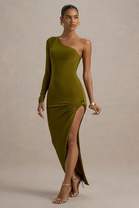 Astra | Green One-Shoulder Asymmetric Maxi Dress sold by Club L London