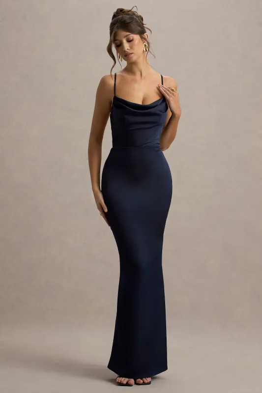 Gia | Navy Satin Cowl-Neck Maxi Dress sold by Club L London