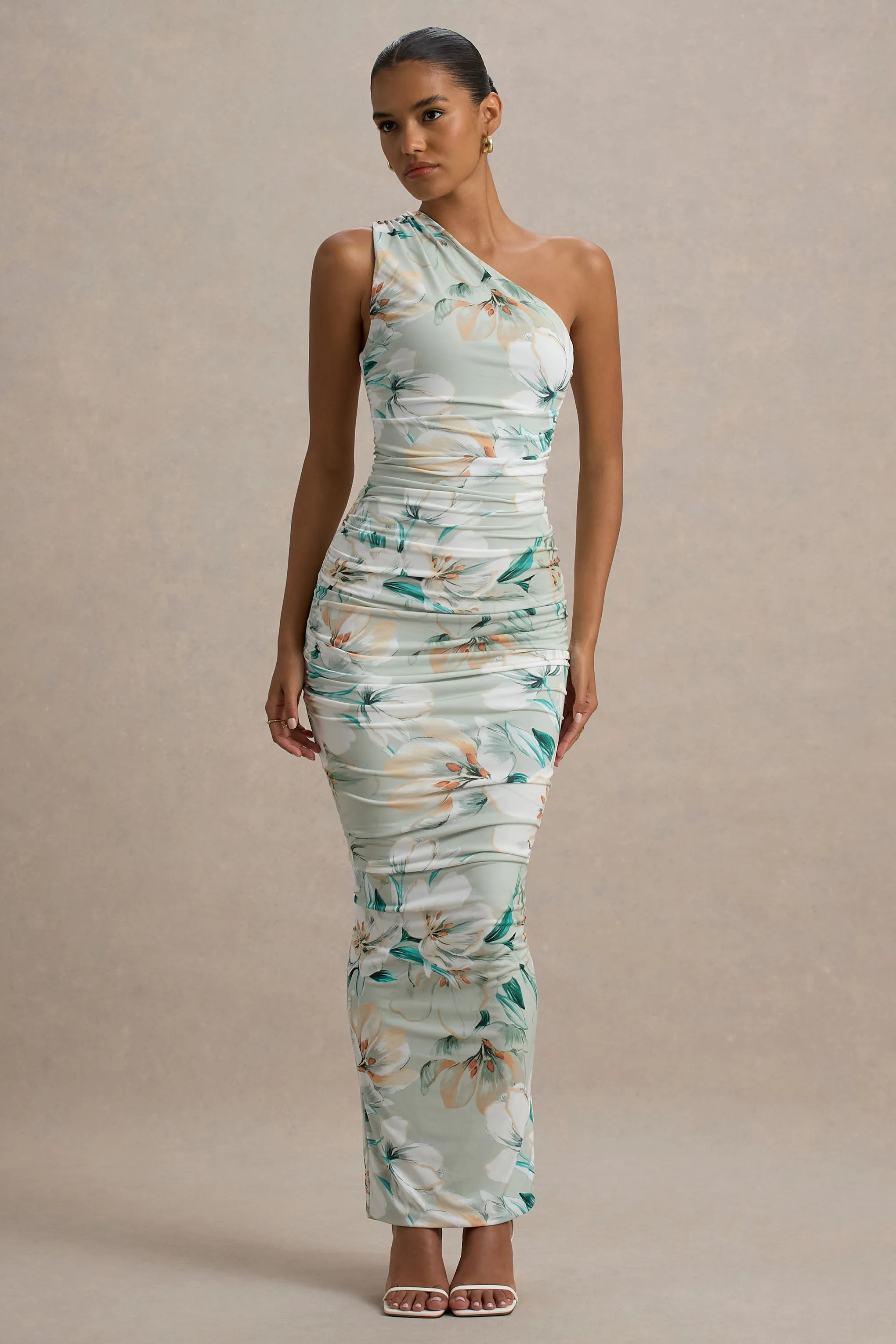 Dalarie | Green Floral Print One-Shoulder Gathered Maxi Dress sold by Club L London