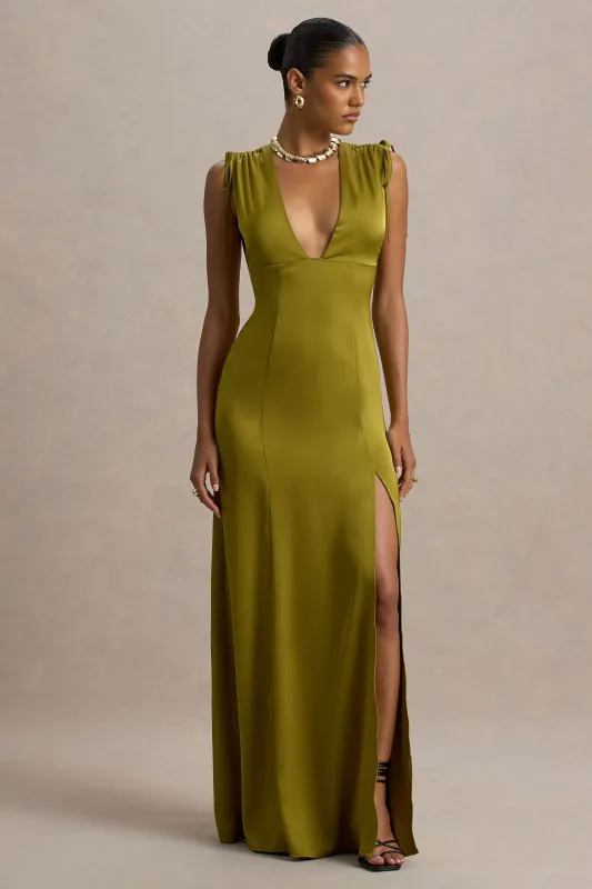 Ysabella | Olive Satin Plunge-Neck Split Maxi Dress made by Club L London