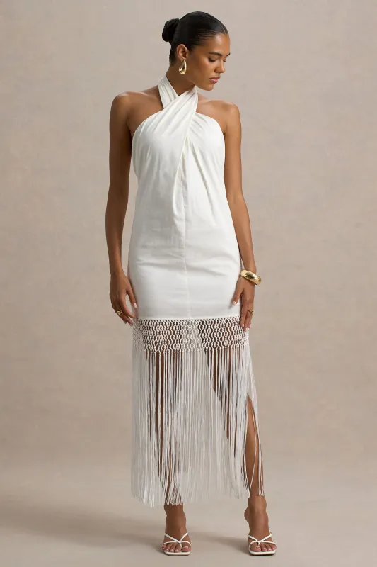 Fiametta | Ecru Linen Halter-Neck Fringe Maxi Dress sold by Club L London