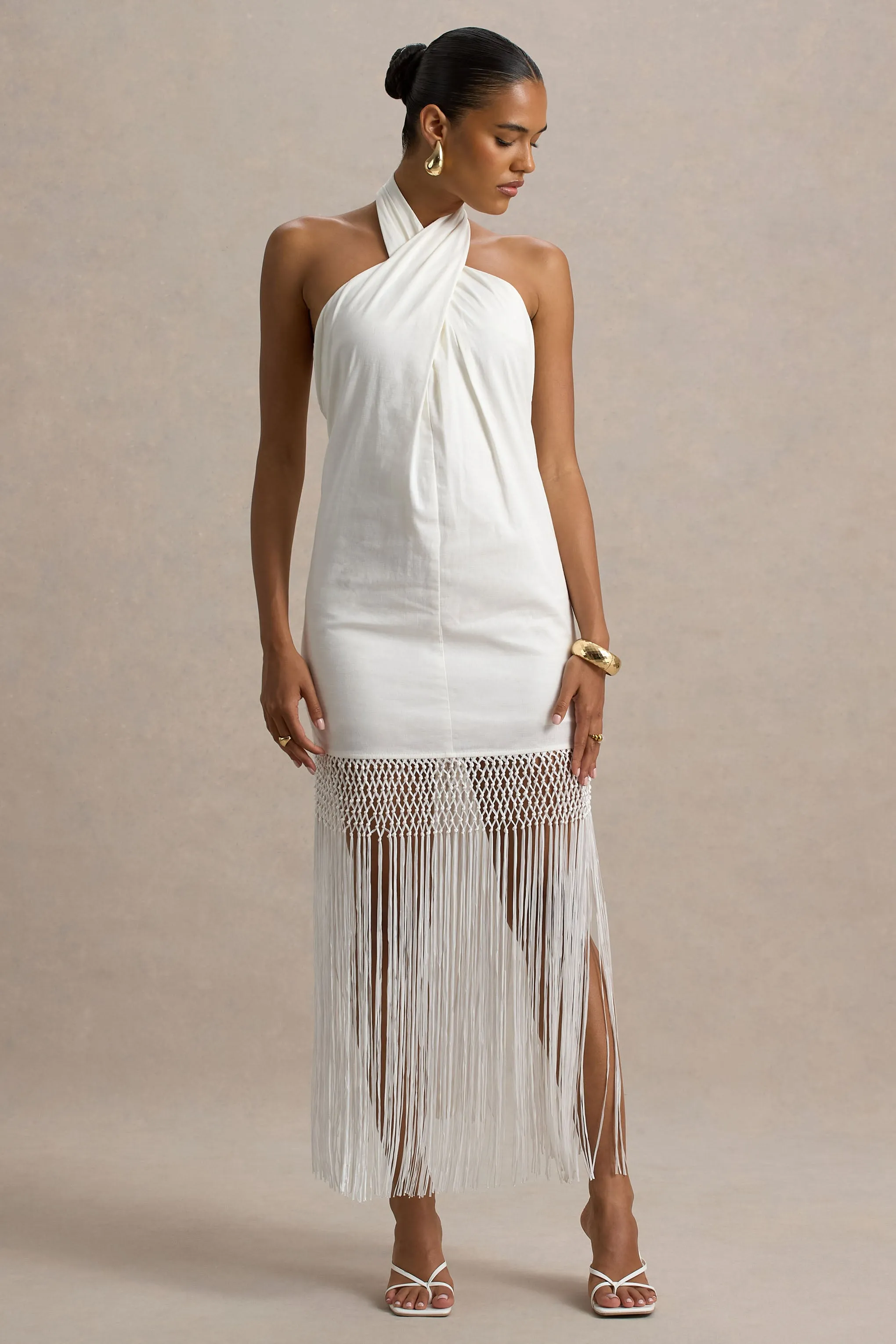 Fiametta | Ecru Linen Halter-Neck Fringe Maxi Dress sold by Club L London