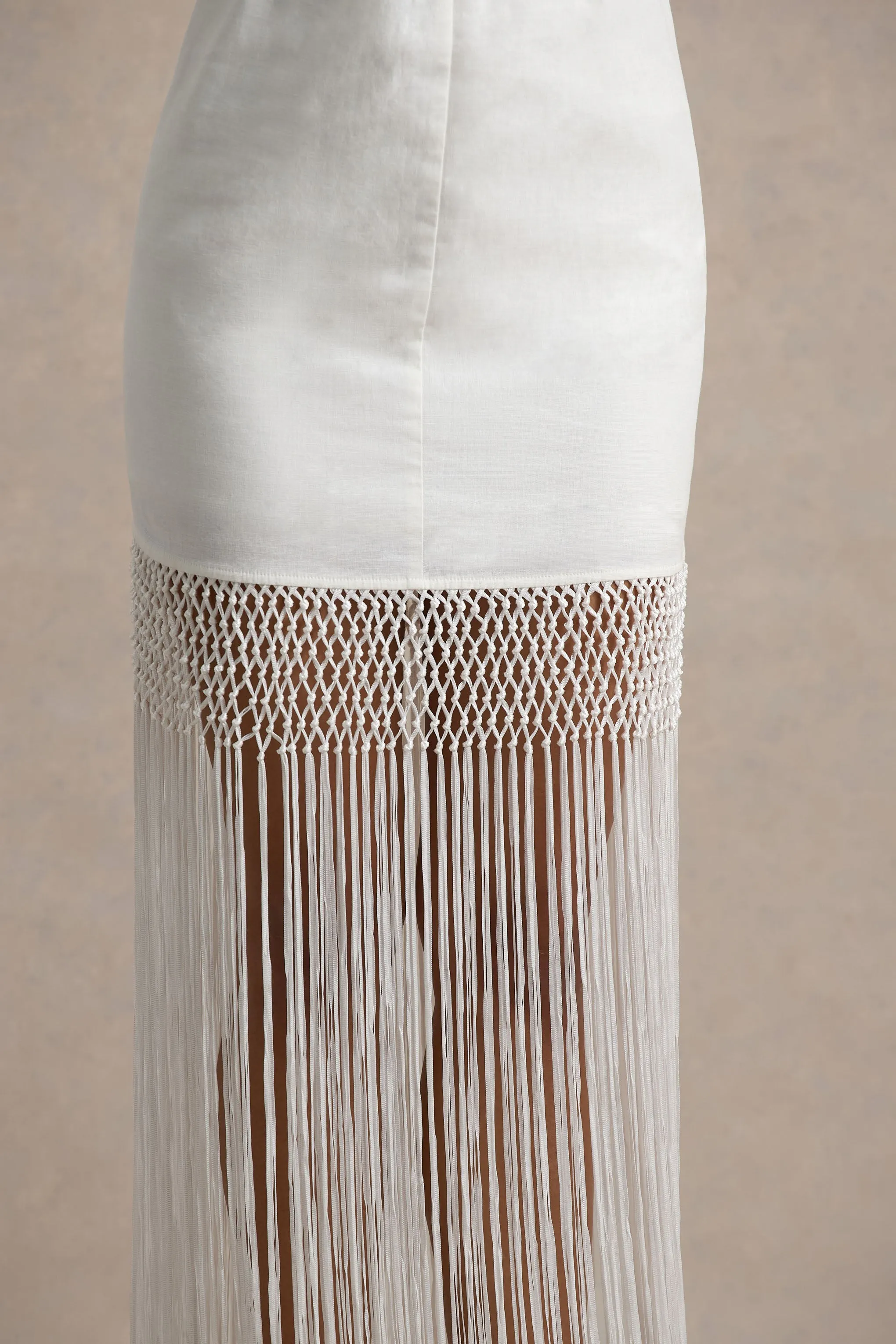 Fiametta | Ecru Linen Halter-Neck Fringe Maxi Dress sold by Club L London product image thumbnail 3