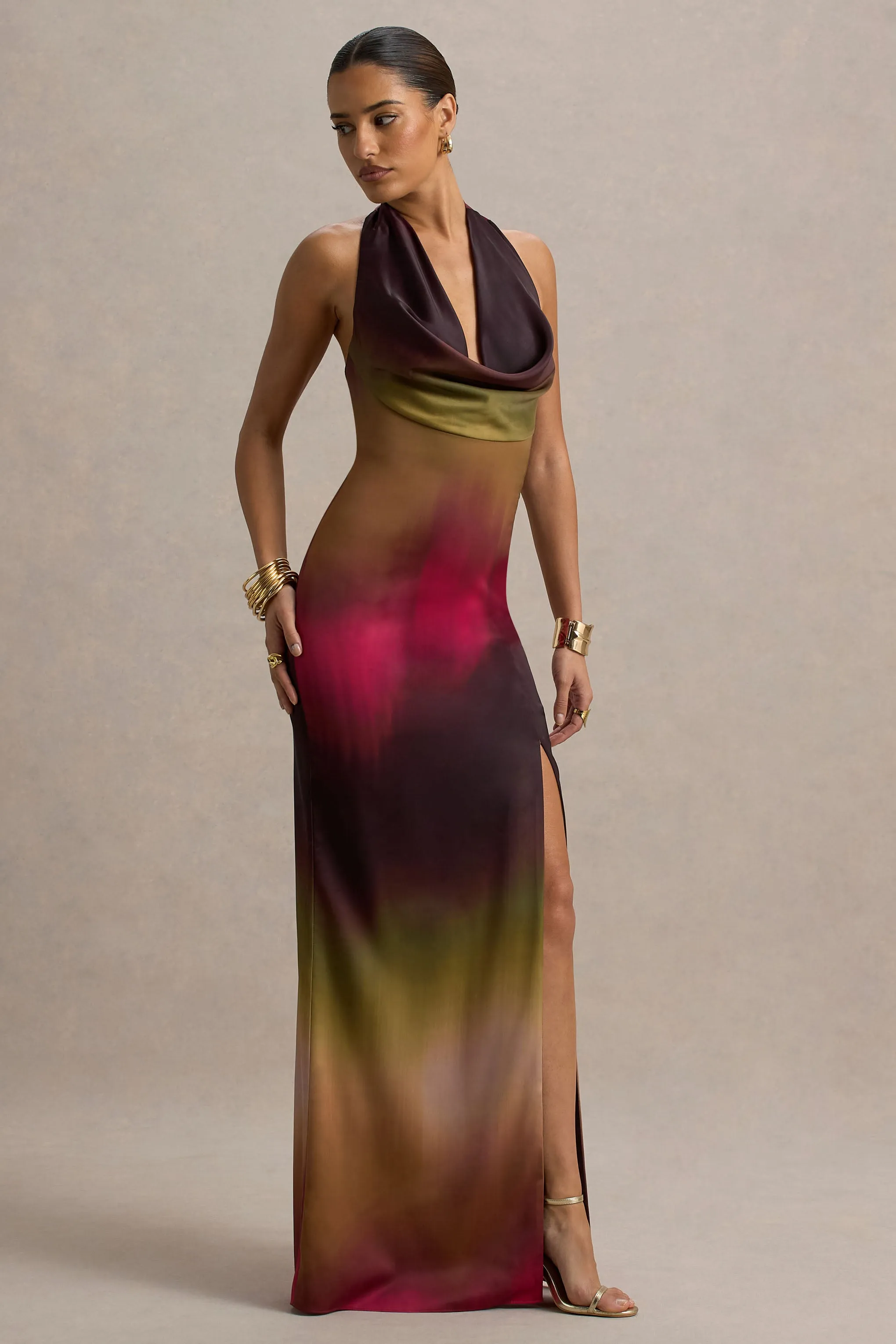 Fiorella | Ombre Print Cowl-Neck Split Maxi Dress sold by Club L London product image thumbnail 4