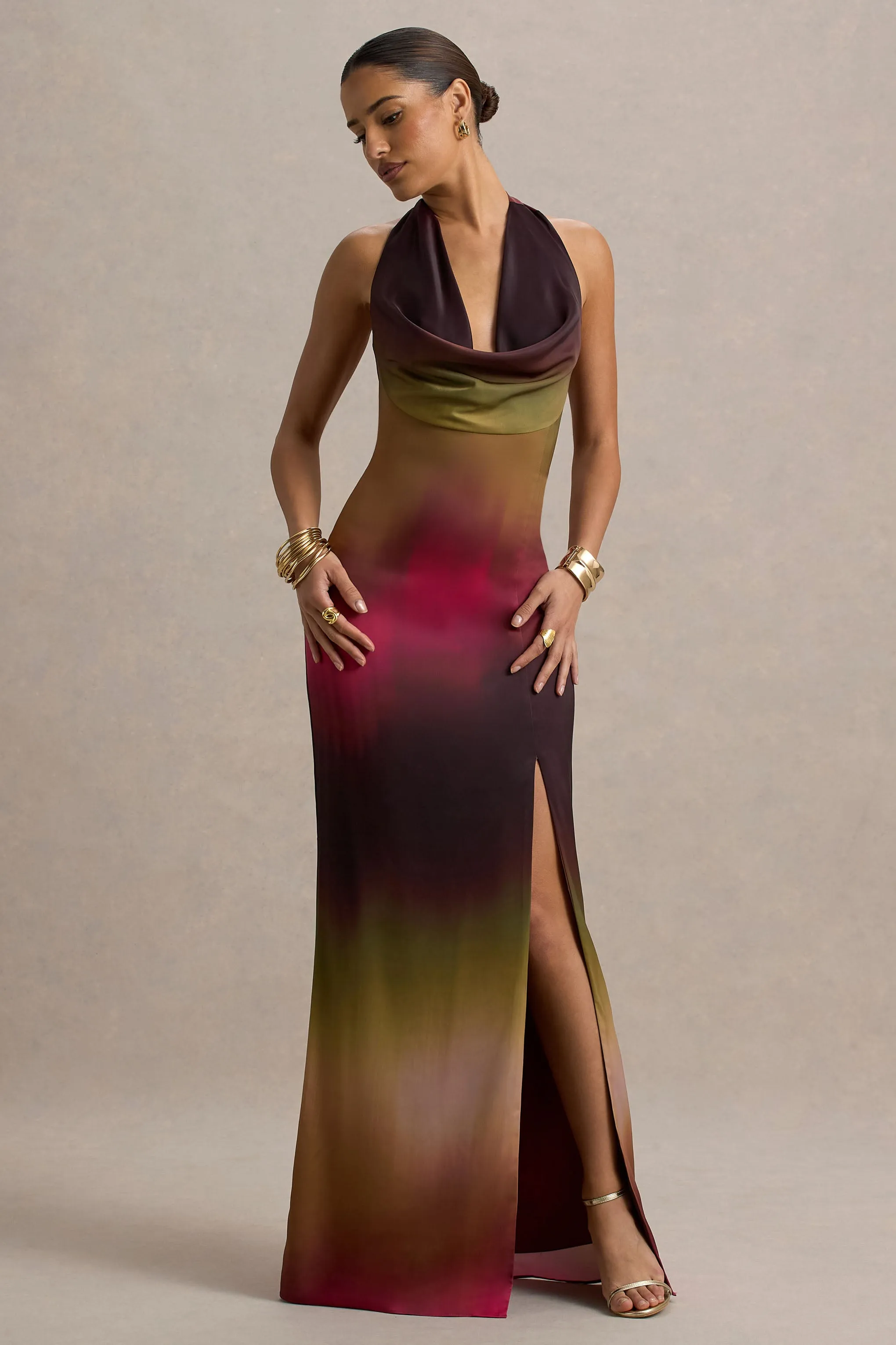 Fiorella | Ombre Print Cowl-Neck Split Maxi Dress sold by Club L London