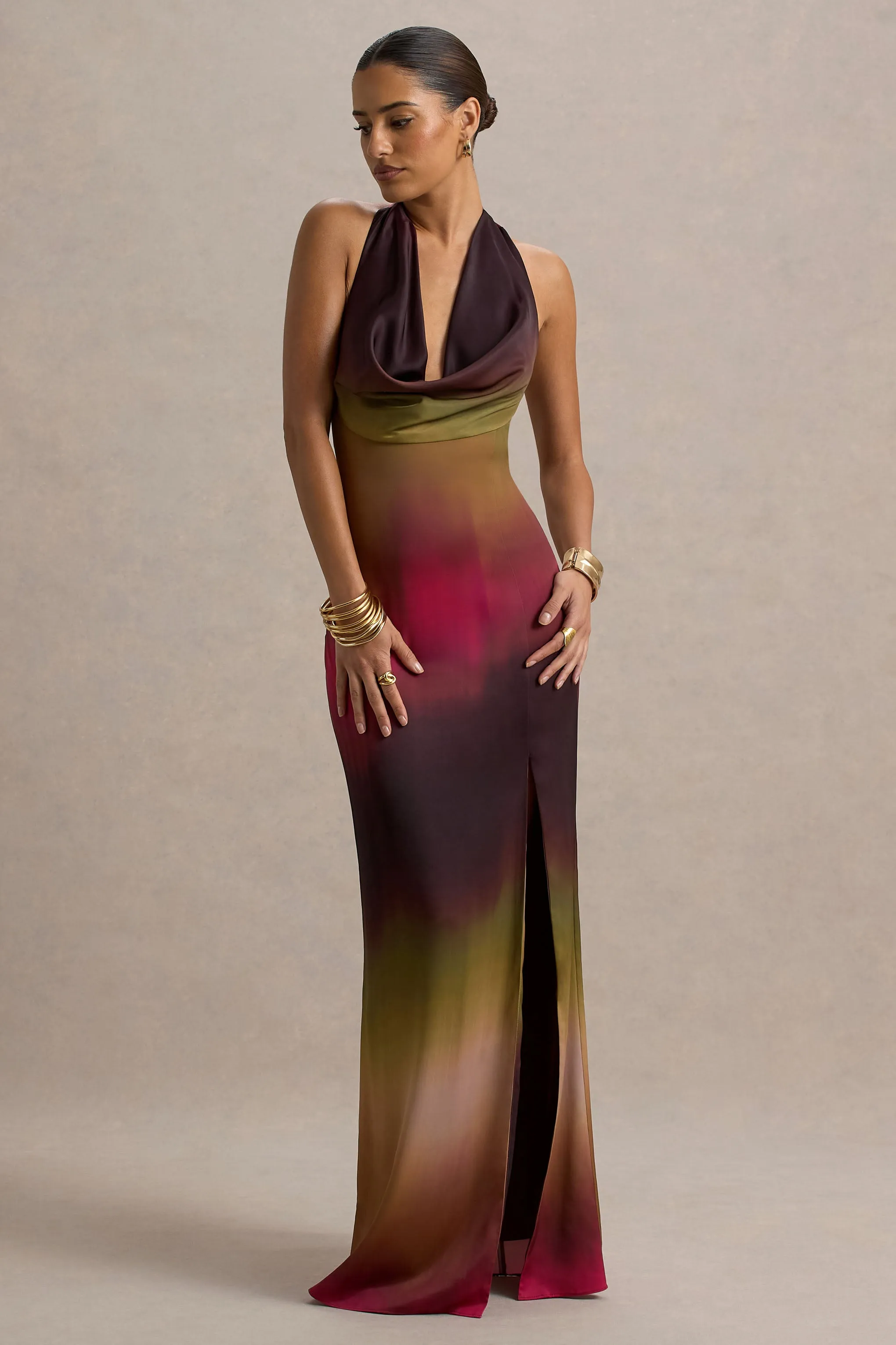 Fiorella | Ombre Print Cowl-Neck Split Maxi Dress sold by Club L London product image thumbnail 5