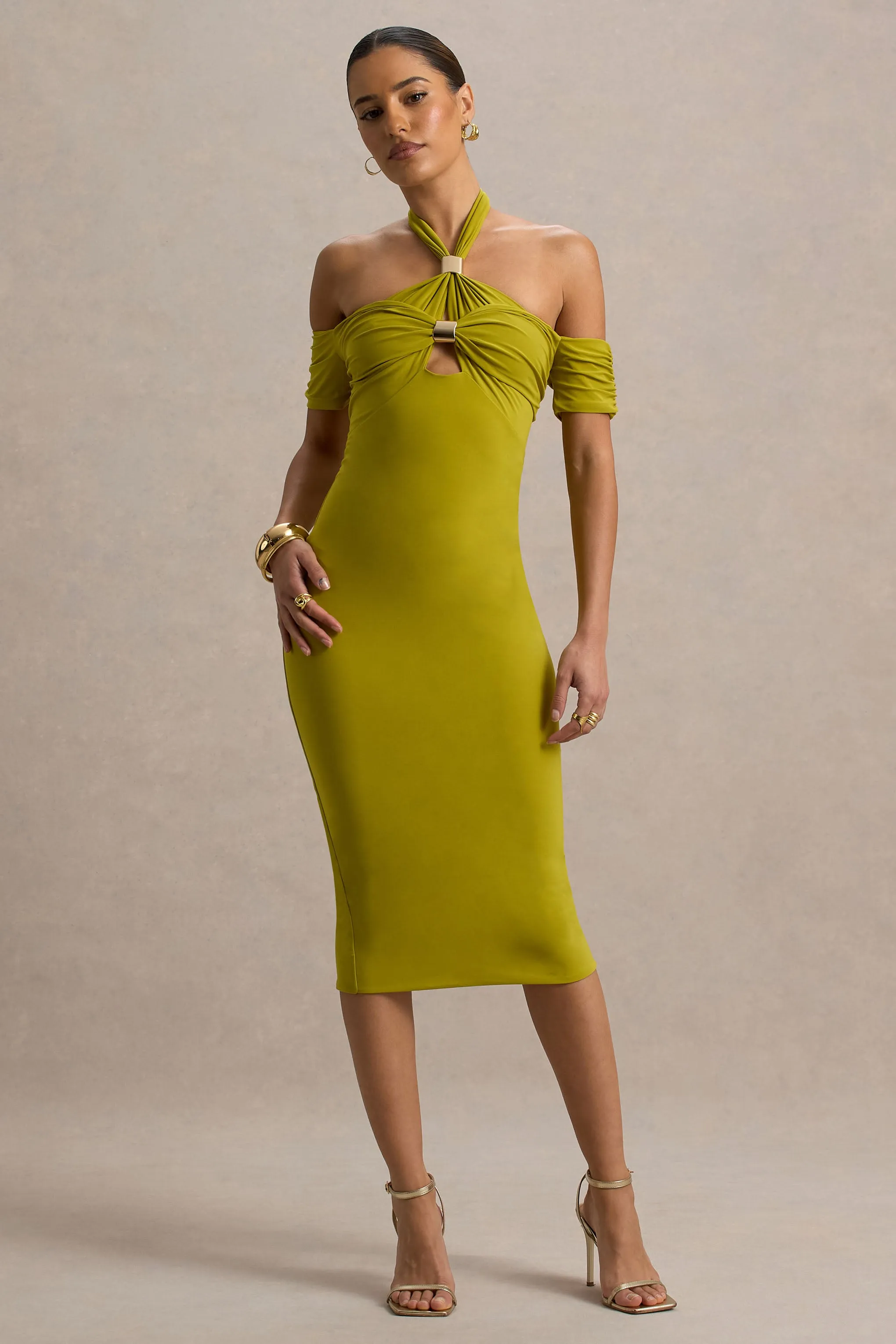 Selvina | Green Cut-Out Halter-Neck Midi Dress sold by Club L London