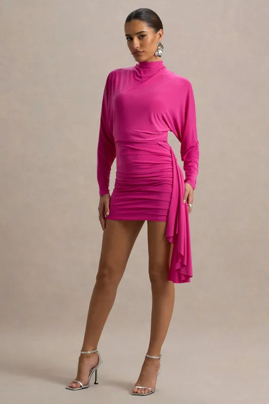 Emilia | Hot Pink Long-Sleeve Mini Dress With Sash sold by Club L London