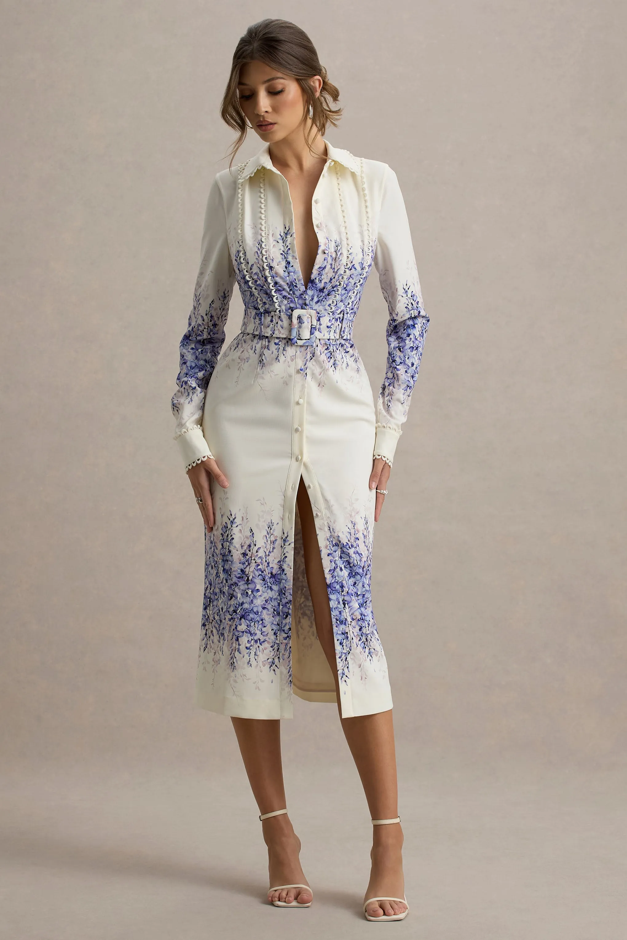 Zephy | Wisteria Print Belted Shirt Midi Dress sold by Club L London product image thumbnail 4