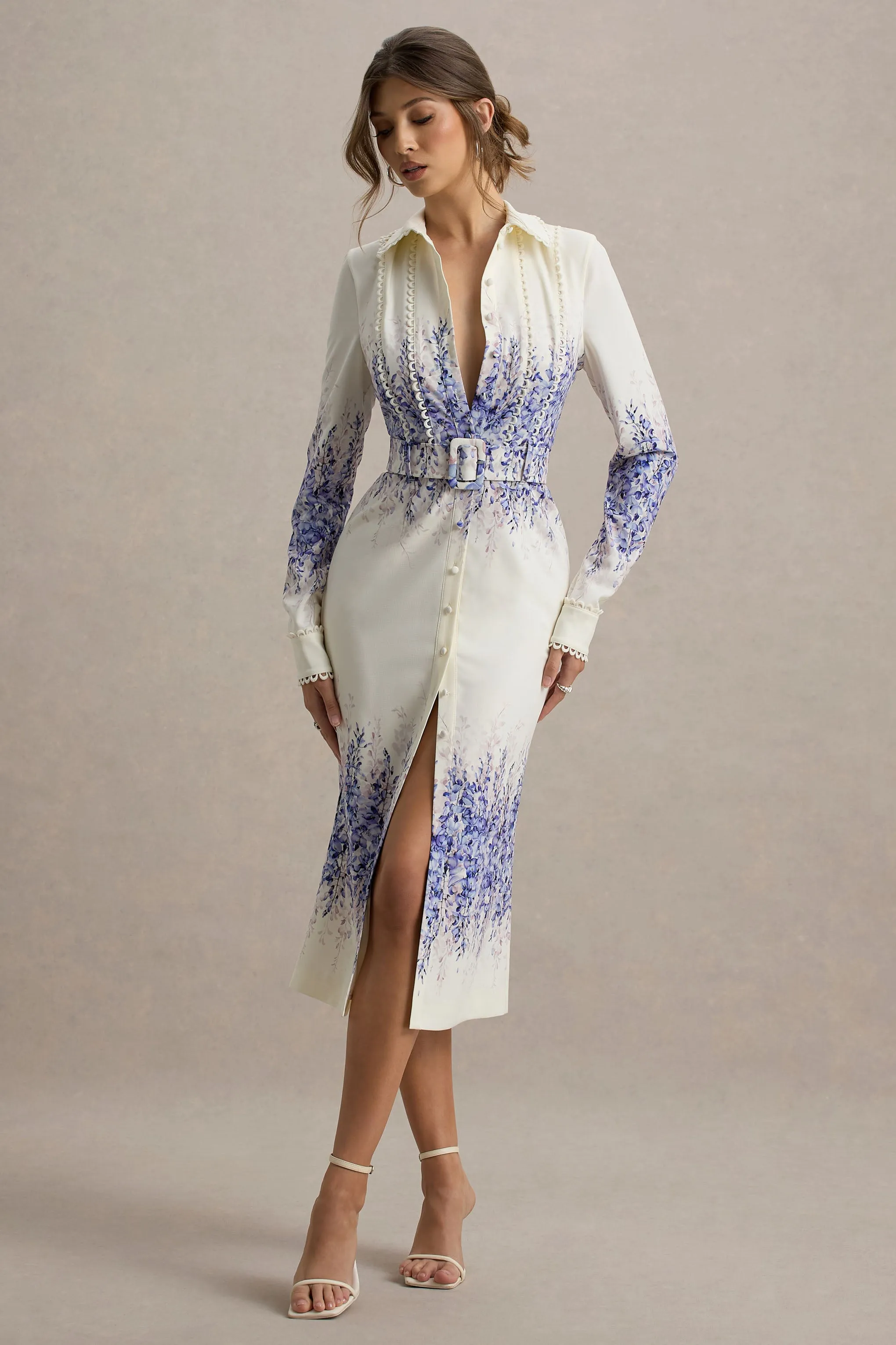 Zephy | Wisteria Print Belted Shirt Midi Dress sold by Club L London