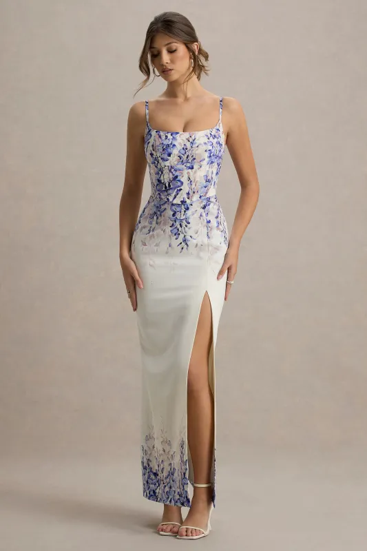 Lupita | Wisteria Print Linen Split Maxi Dress sold by Club L London