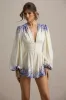 Nalla | Wisteria Print Linen Plunge-Neck Playsuit sold by Club L London