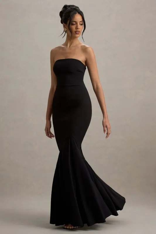 Angela | Black Bandeau Fishtail Maxi Dress sold by Club L London