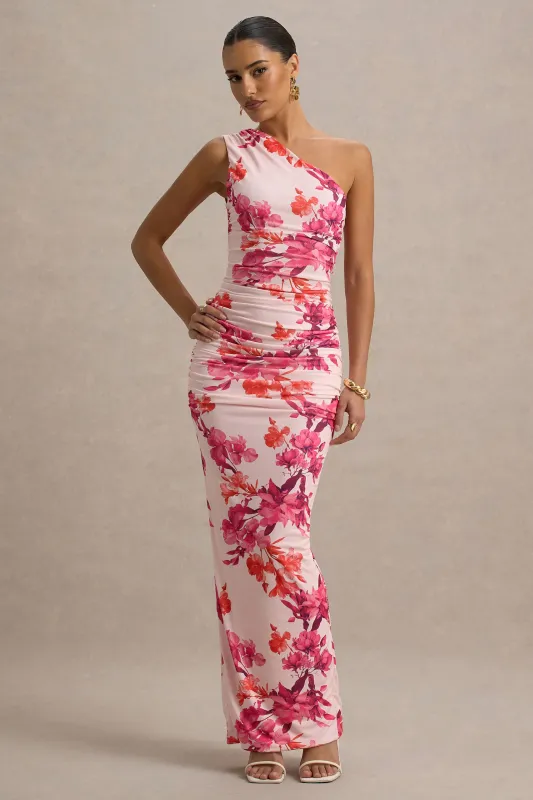Dalarie | Pink and Orange Floral Print One-Shoulder Gathered Maxi Dress sold by Club L London