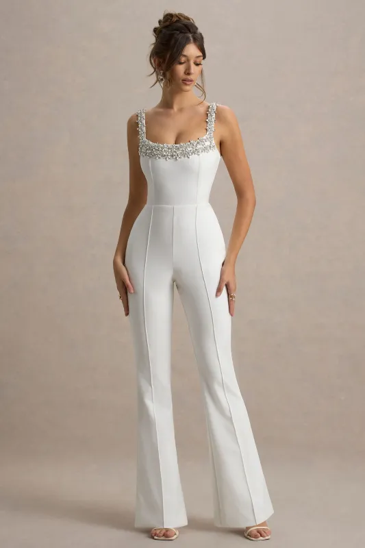 Amadi | White Embellished Strappy Flared-Leg Jumpsuit sold by Club L London