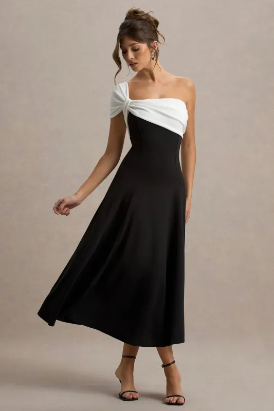 Malta | Black & White One-Shoulder Midi Dress sold by Club L London