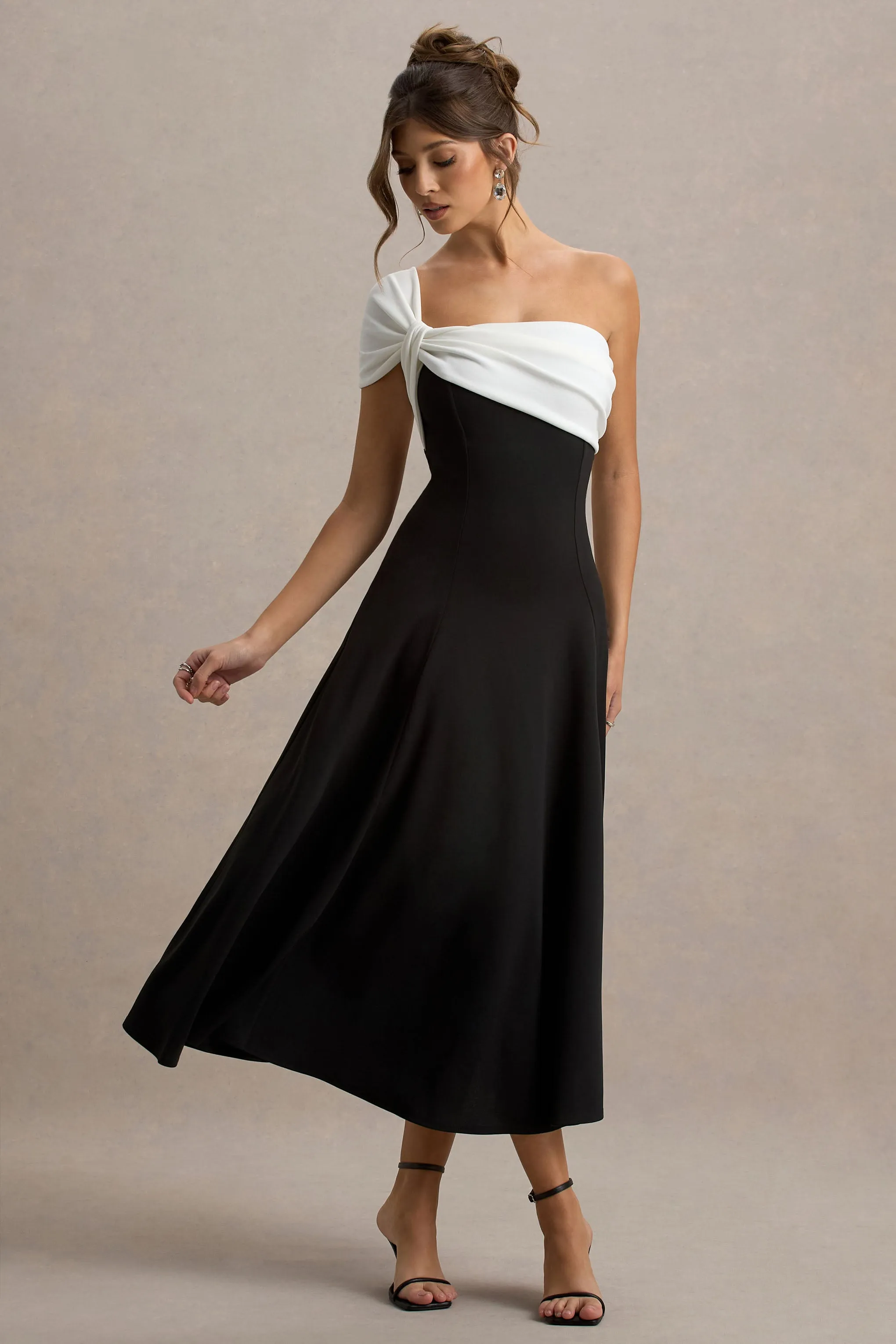 Malta | Black & White One-Shoulder Midi Dress sold by Club L London