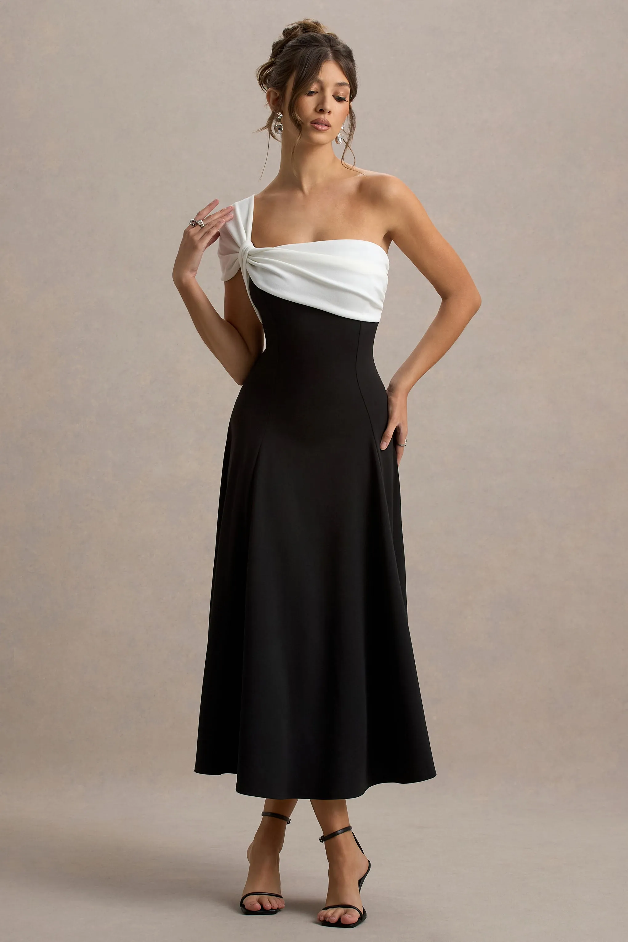 Malta | Black & White One-Shoulder Midi Dress sold by Club L London product image thumbnail 5
