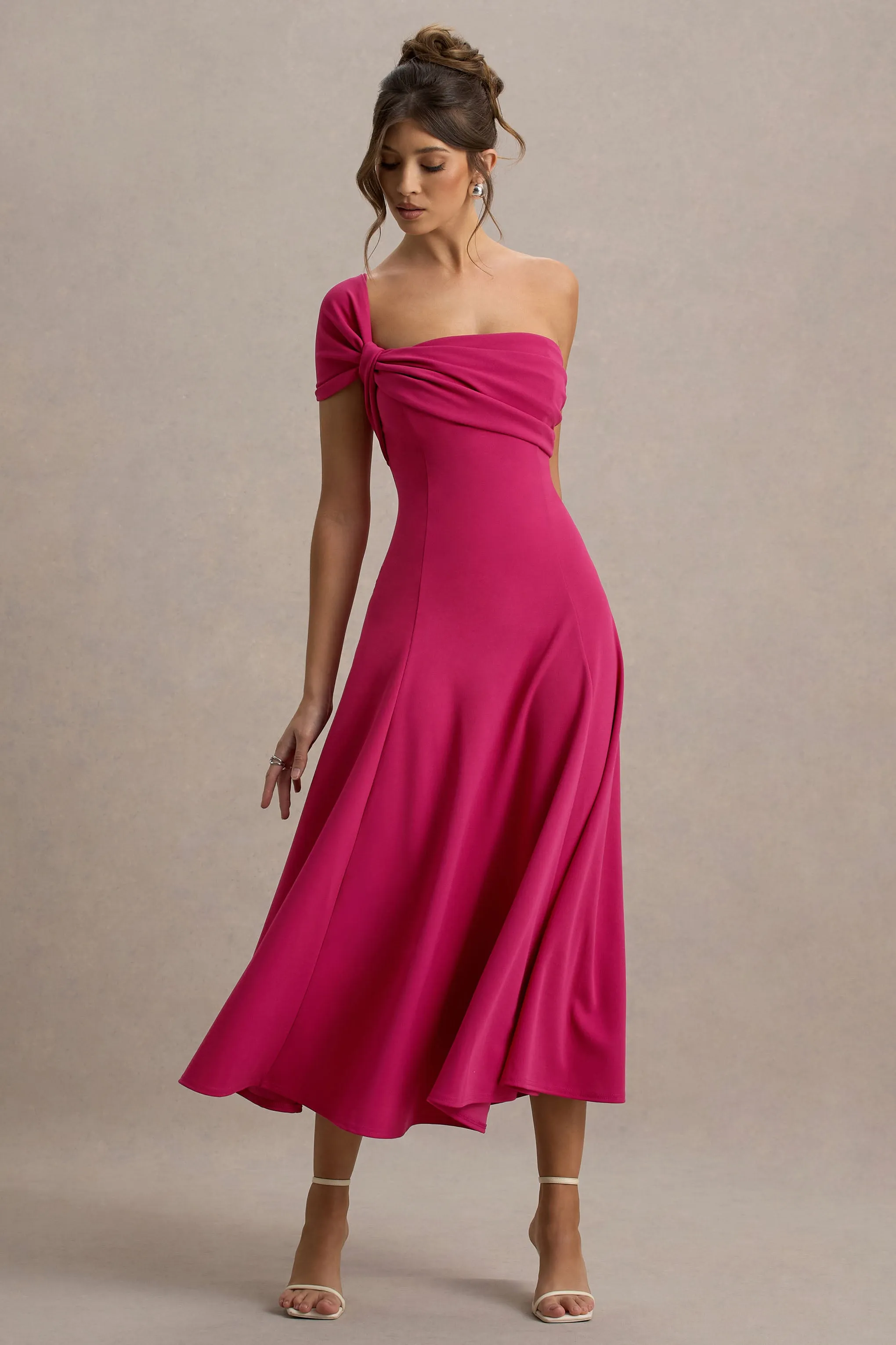 Malta | Hot Pink One-Shoulder Midi Dress sold by Club L London product image thumbnail 5