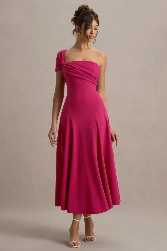 Malta | Hot Pink One-Shoulder Midi Dress sold by Club L London