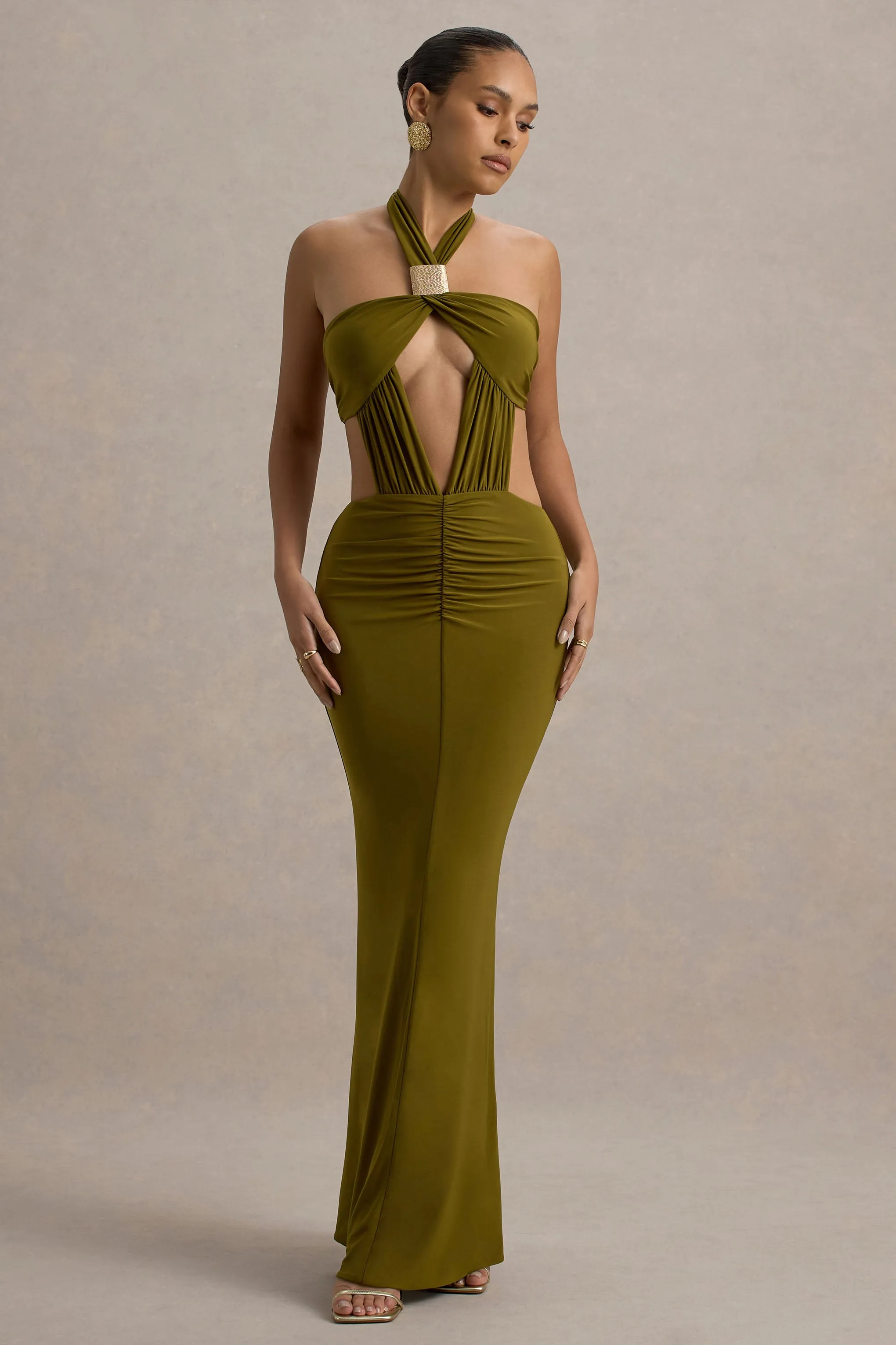 Giuseppa | Green Halter-Neck Cut-Out Maxi Dress sold by Club L London