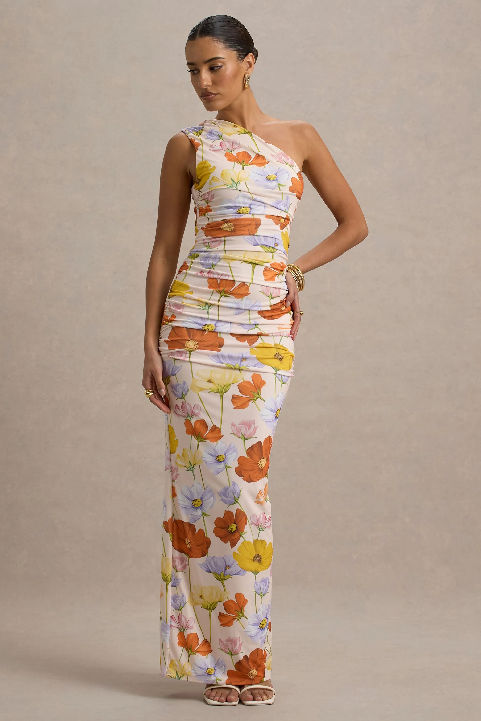 Dalarie | Bright Floral Print One-Shoulder Gathered Maxi Dress sold by Club L London