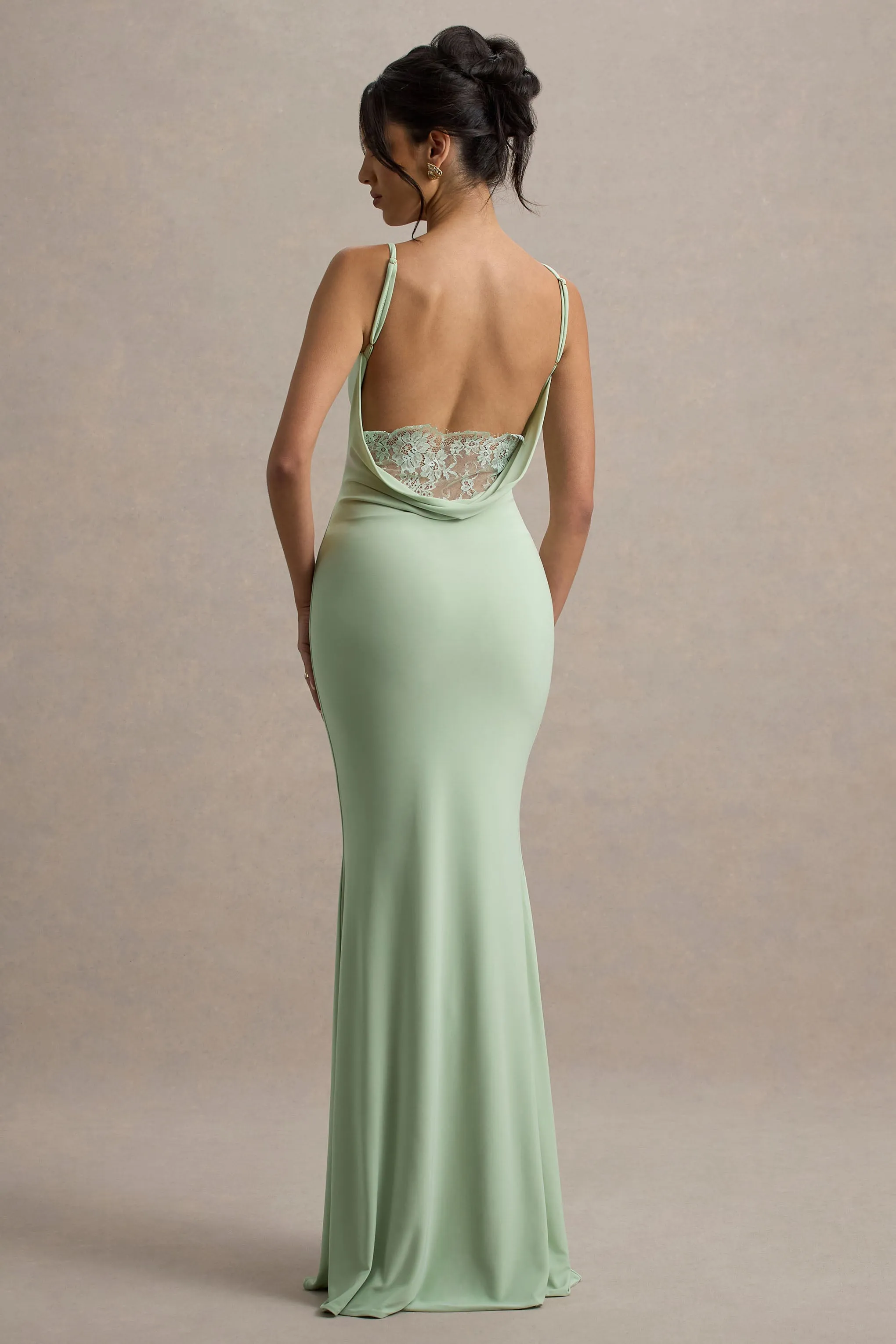 Francoise | Light Green Cowl Neck Backless Maxi Dress With Lace Insert sold by Club L London product image thumbnail 2