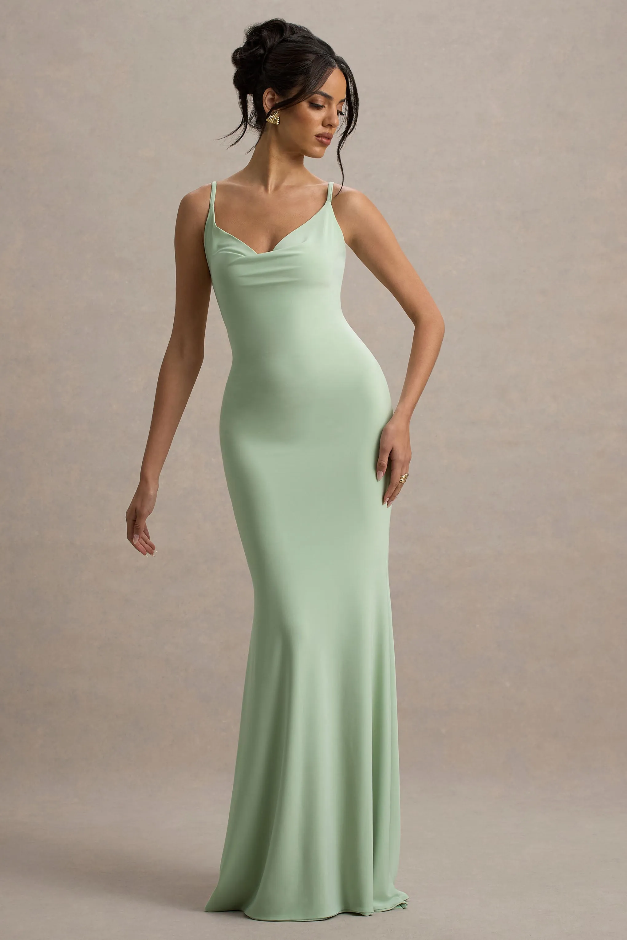 Francoise | Light Green Cowl Neck Backless Maxi Dress With Lace Insert sold by Club L London product image thumbnail 4