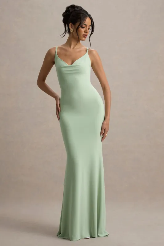 Francoise | Light Green Cowl Neck Backless Maxi Dress With Lace Insert made by Club L London