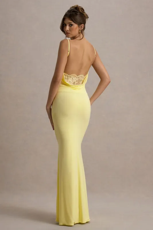 Francoise | Lemon Cowl Neck Backless Maxi Dress With Lace Insert made by Club L London