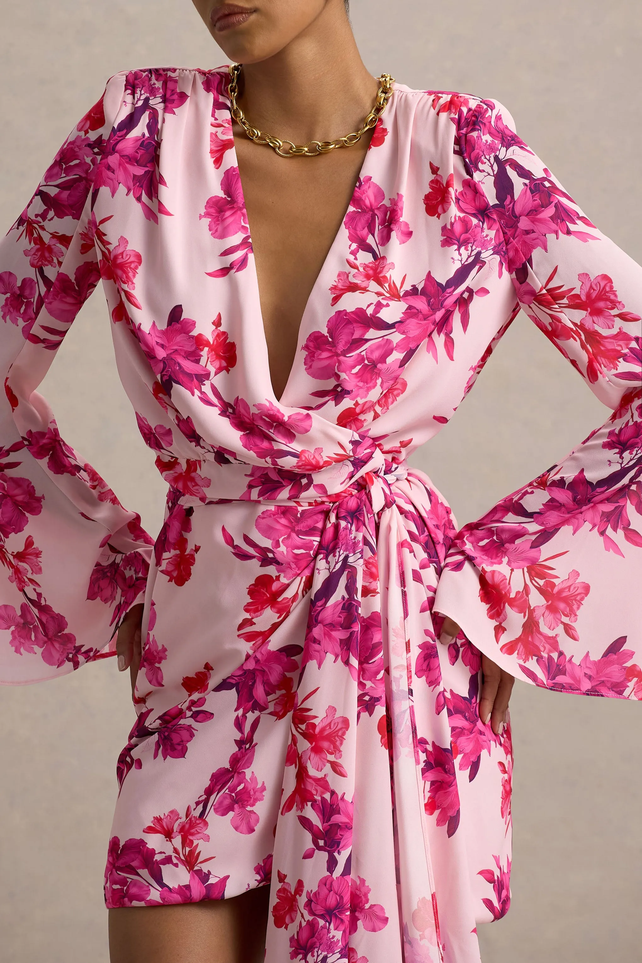 Goldie | Pink Floral Print Chiffon Long-Sleeve Wrap Mini Dress sold by Club L London product image thumbnail 3